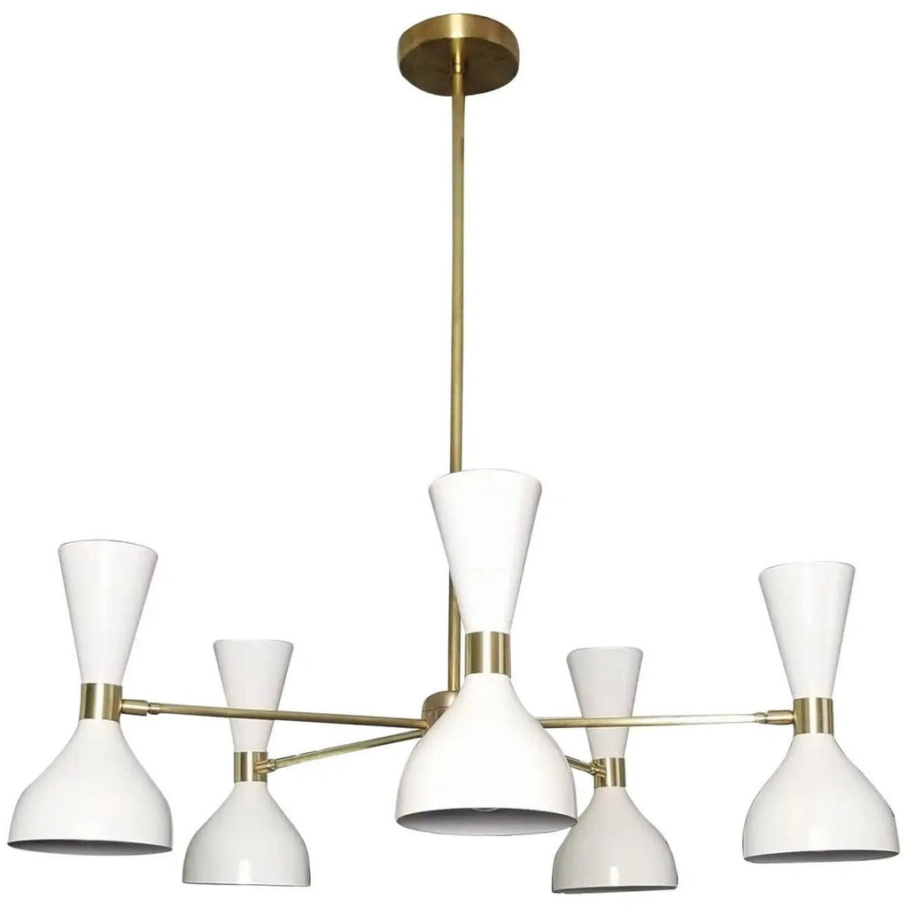 Modern chandelier with white lampshades and gold accents on a white background