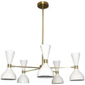 Modern chandelier with white lampshades and gold accents on a white background