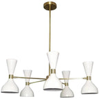 Modern chandelier with white lampshades and gold accents on a white background