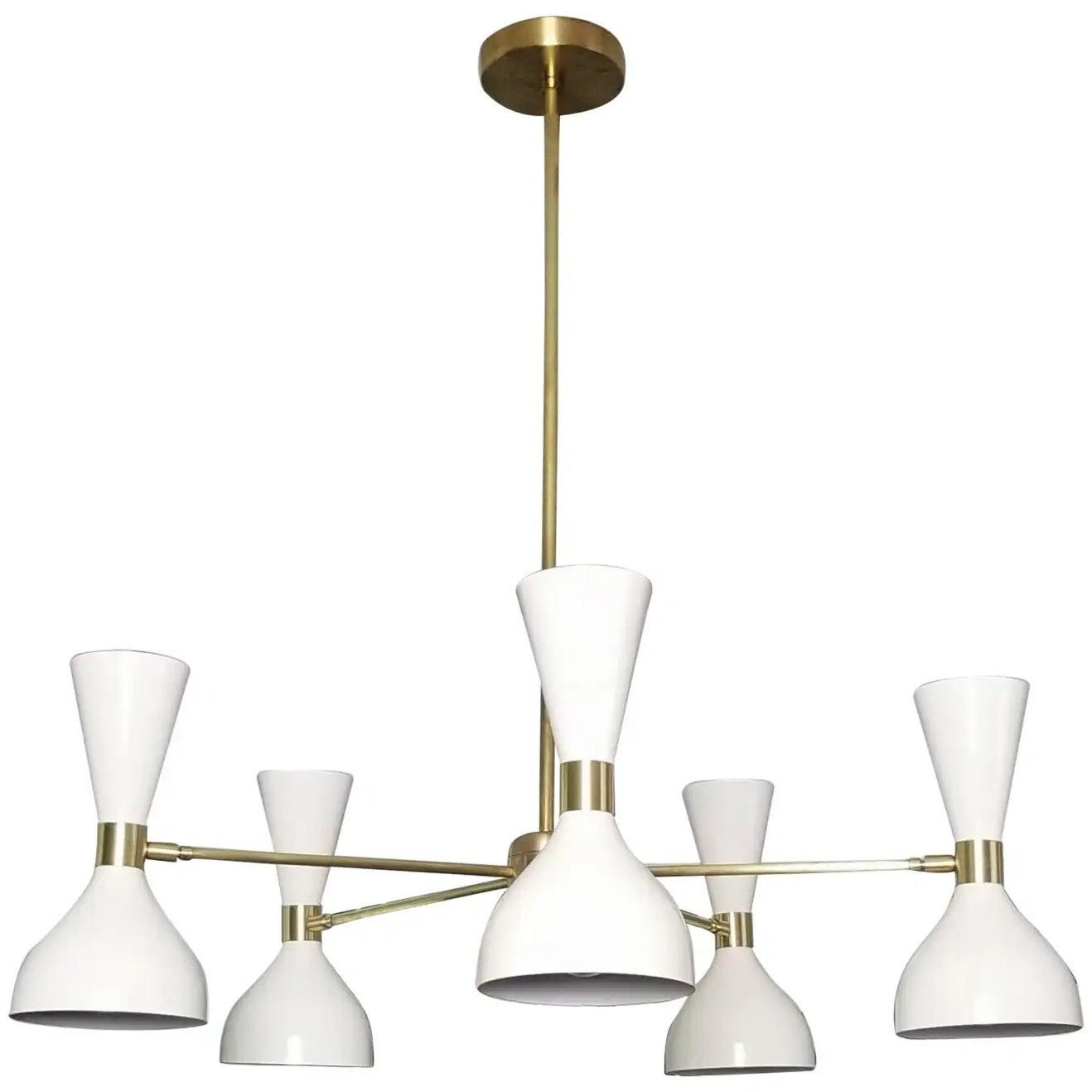 Modern chandelier with white lampshades and gold accents on a white background