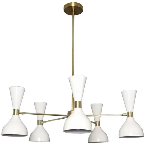 Modern chandelier with white lampshades and gold accents on a white background
