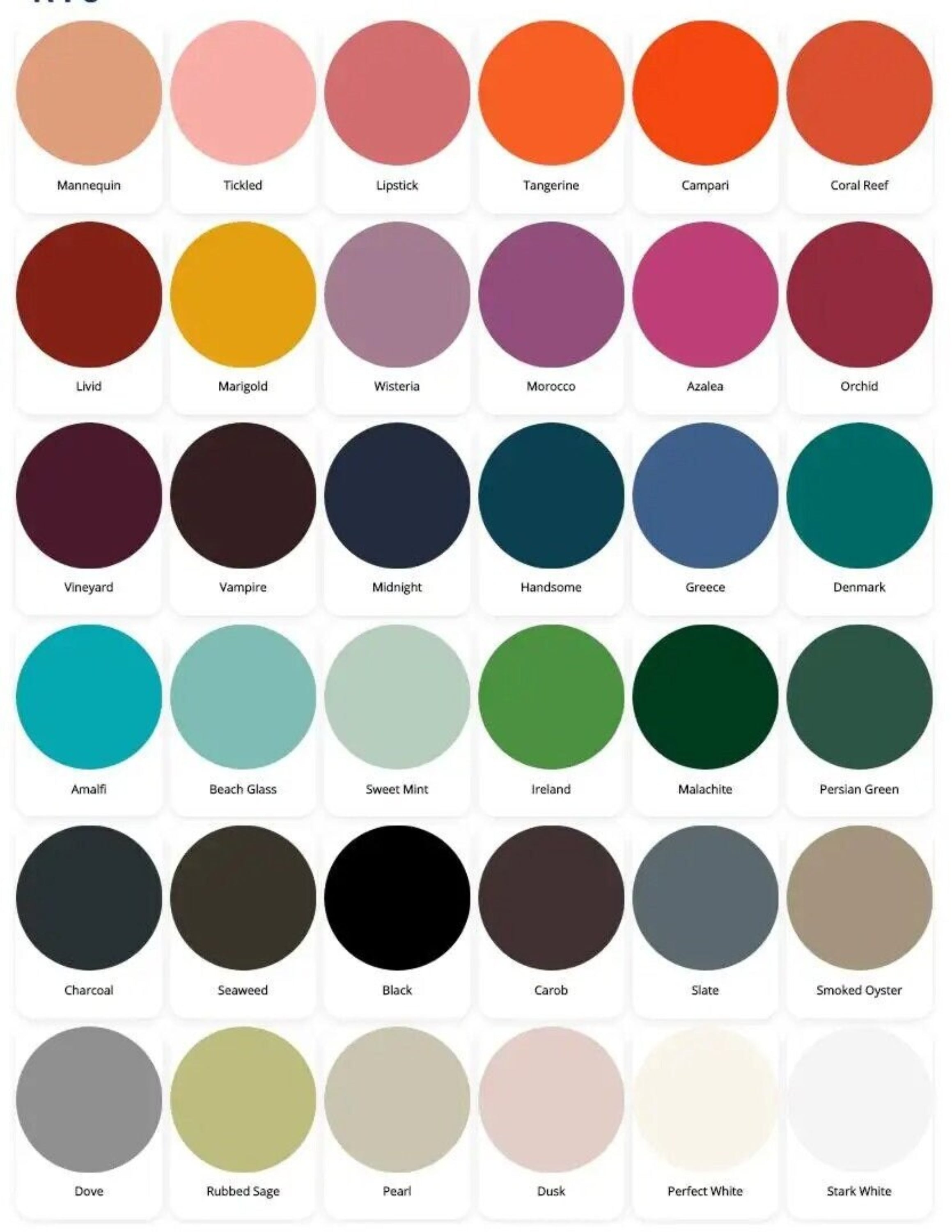 Color swatch chart with various color names and codes