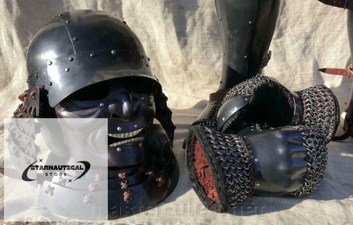 Japanese Old Vintage Samurai Kabuto Helmet dragon helmet with a mask-Â GenjiÂ Tsushima Medieval Costume Knight Suit | Halloween Party Costume