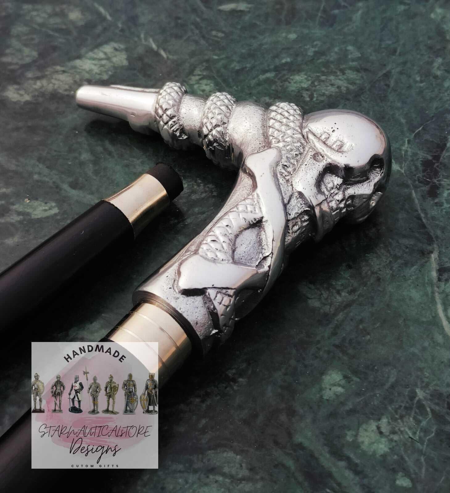 Skull Head Handle Antique Victorian Wooden Walking Stick Vintage Cane Gift Silver | Aluminum Handle Vintage Nautical Style Wooden stick