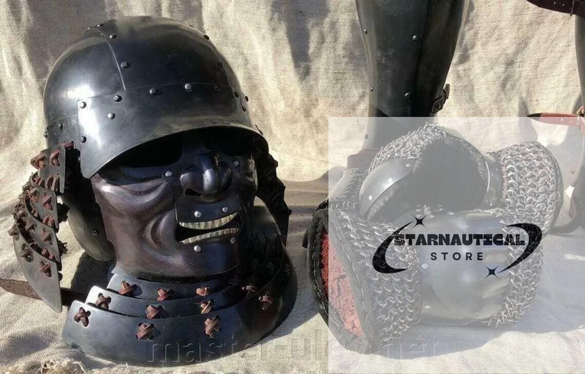 Japanese Old Vintage Samurai Kabuto Helmet dragon helmet with a mask-Â GenjiÂ Tsushima Medieval Costume Knight Suit | Halloween Party Costume