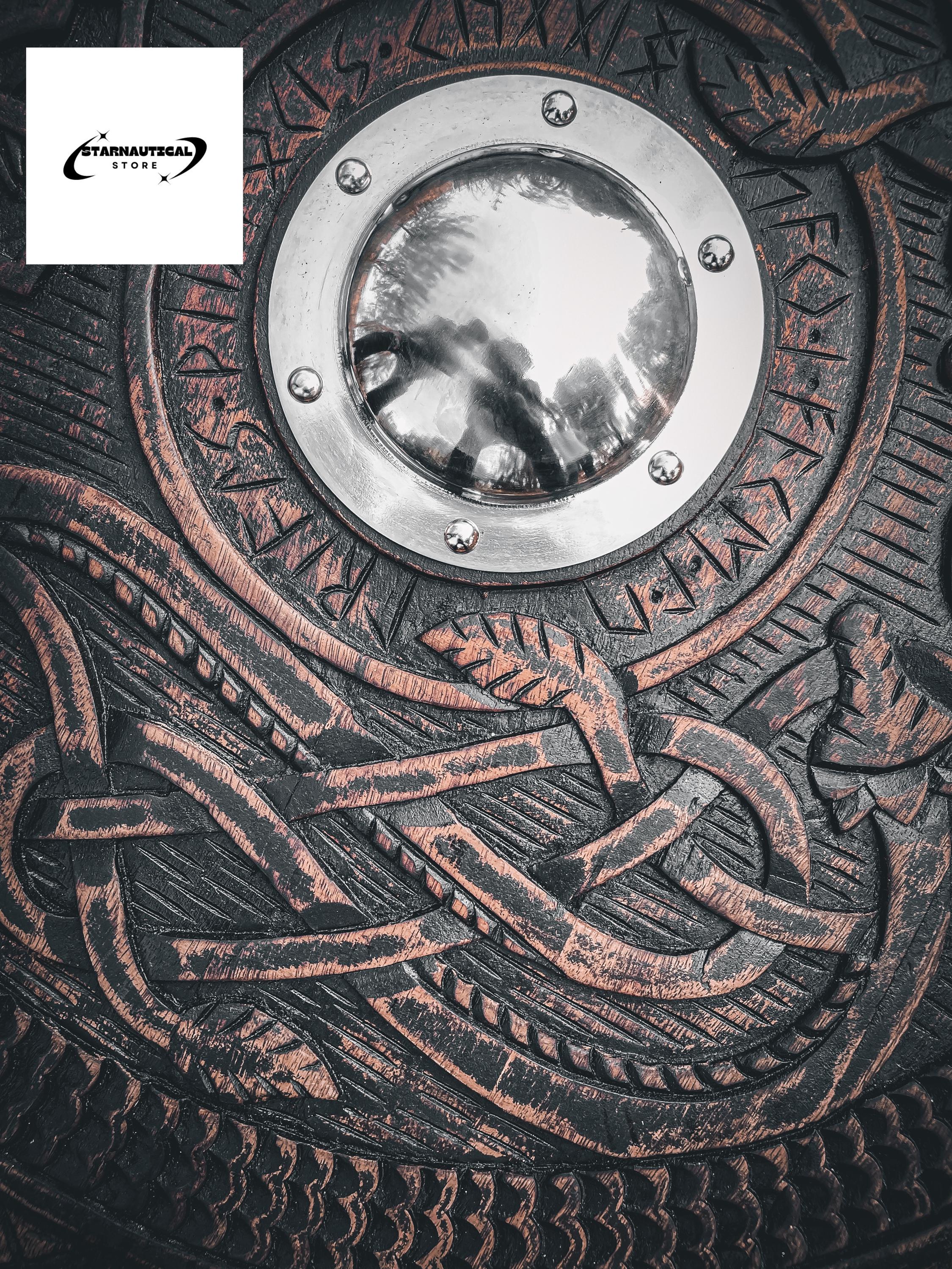 Viking Shield, Viking Wall Décor, Wood Wall Art, Handmade Home Décor, Wall Hangings | Medieval Warrior Round Engraved Shield, Handmade Gift