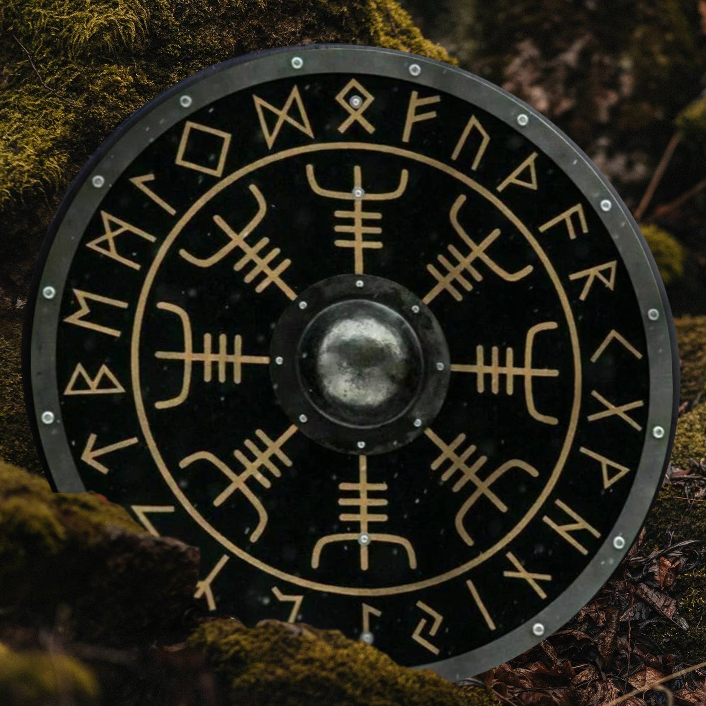 Escudo vikingo de madera lisa y acero con símbolo de yelmo de asombro, 24"