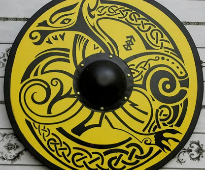 Escudo vikingo liso Jörmungandr amarillo hecho a mano, 24" 