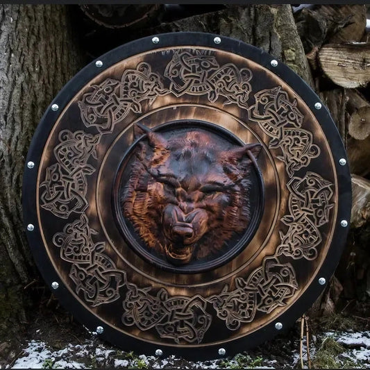 Escudo vikingo Fenrir con cabeza de lobo tallada a mano, 24"
