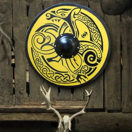 Escudo vikingo liso Jörmungandr amarillo hecho a mano, 24" 
