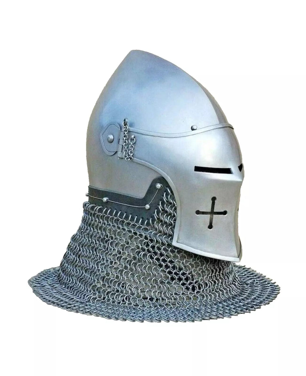Medieval chainmail helmet with visor on a white background