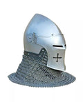Medieval chainmail helmet with visor on a white background