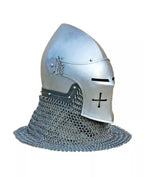 Medieval chainmail helmet with visor on a white background