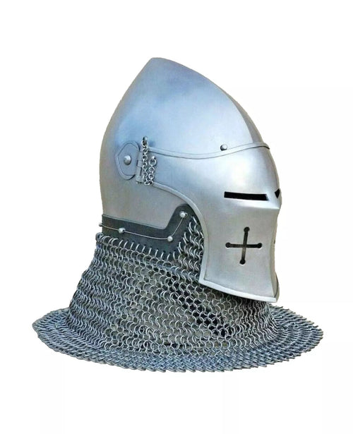 Medieval chainmail helmet with visor on a white background