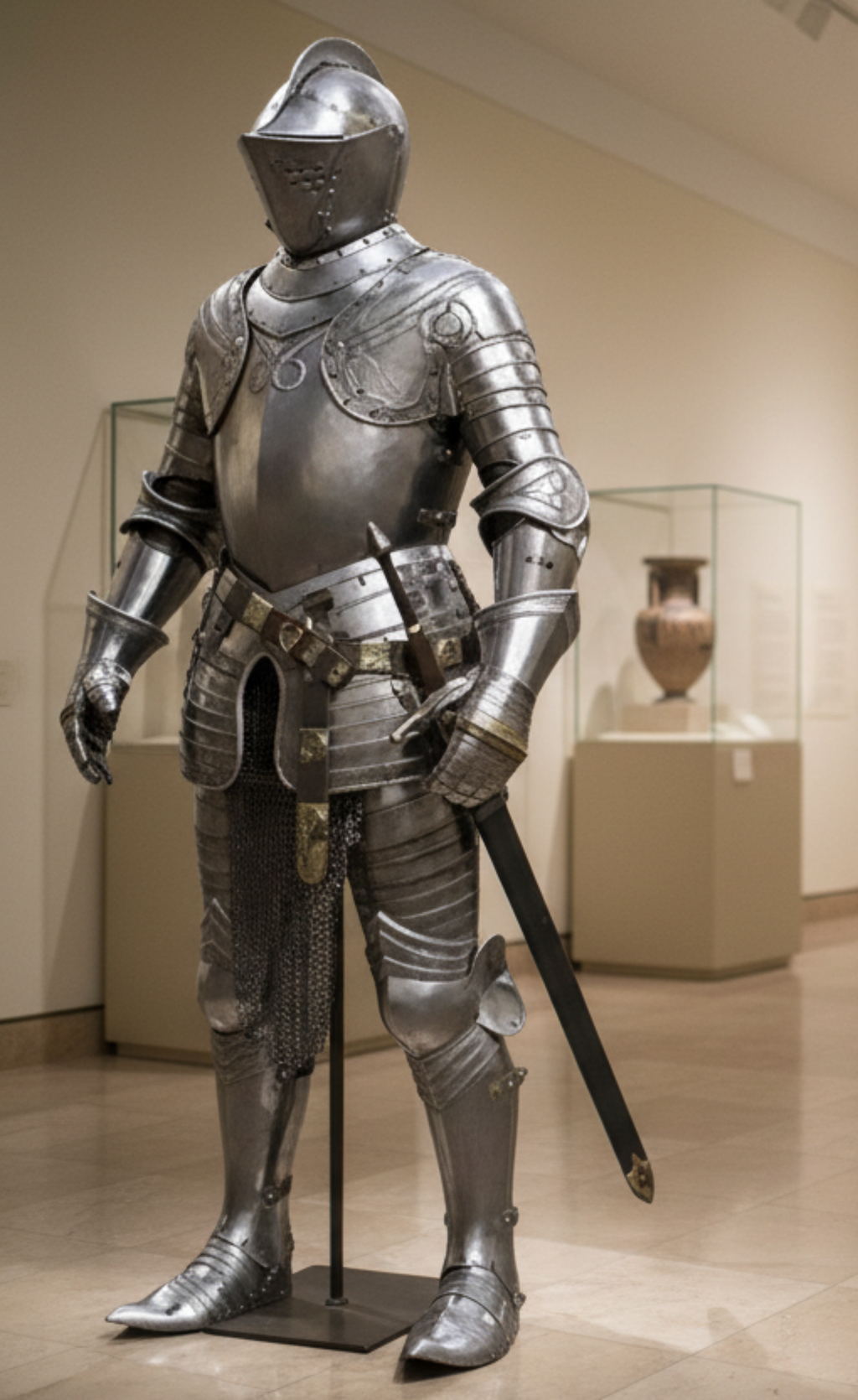 Full suit of medieval armor on display in a museum setting
