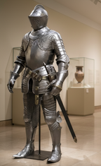 Full suit of medieval armor on display in a museum setting