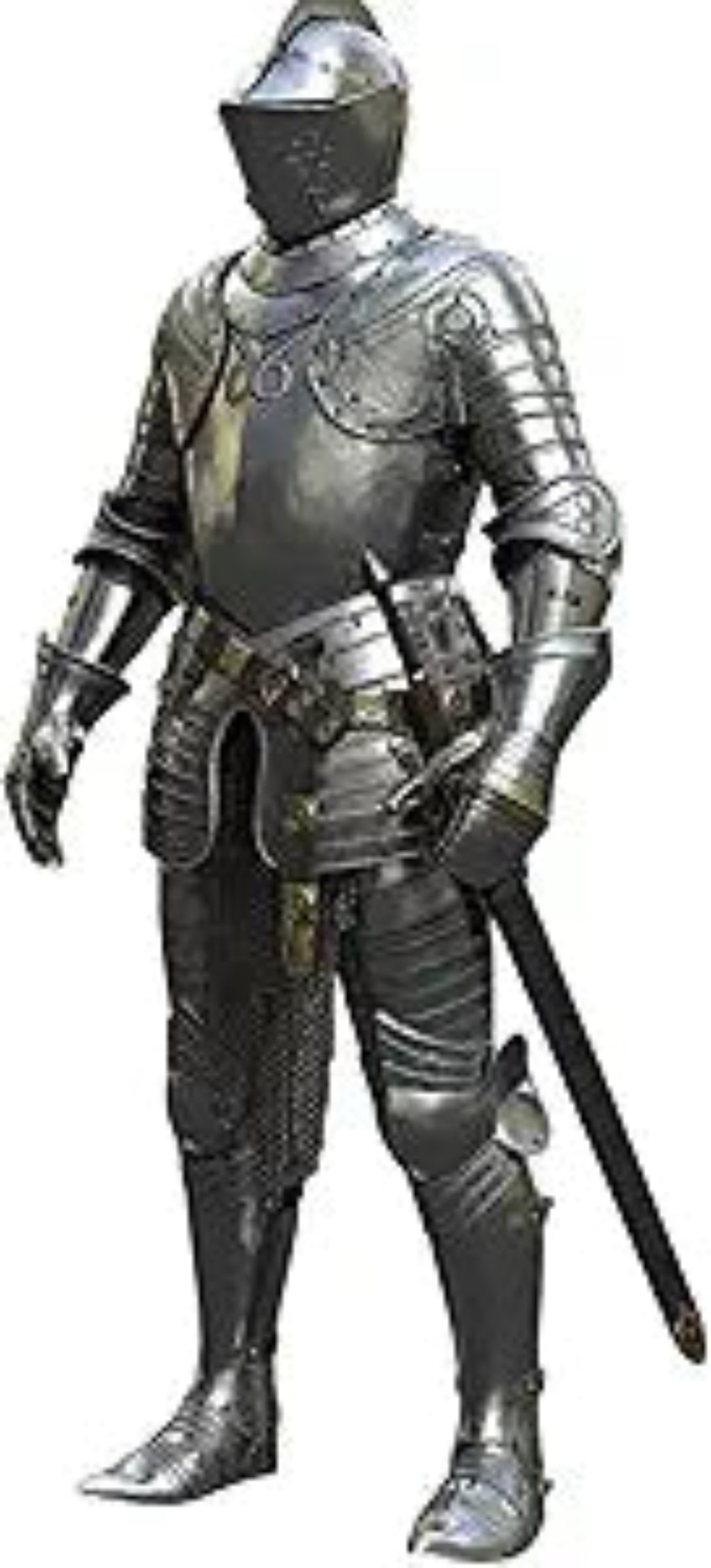 Full suit of medieval armor with a sword on a white background
