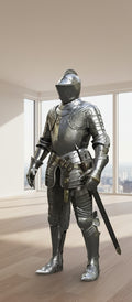 Full suit of medieval armor with a sword on a white background