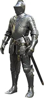 Full suit of medieval armor with a sword on a white background