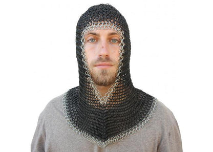 Medieval V Face Mild Steel Chainmail Coif Armor - collectiblegiftitems