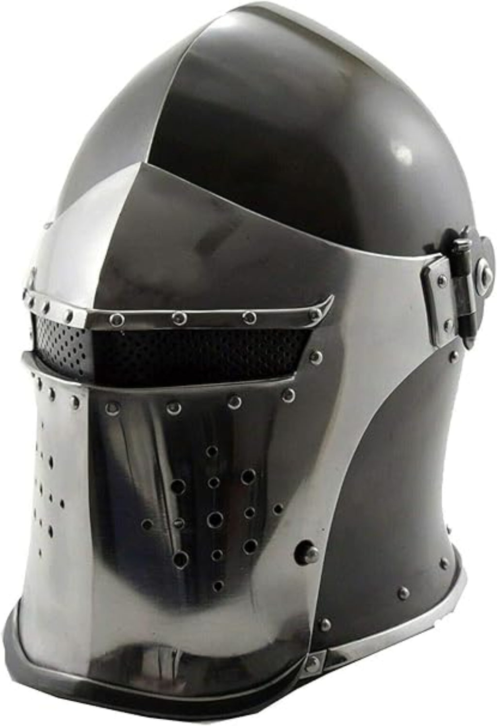 Medieval-style helmet with a metallic finish on a white background