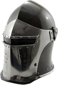 Medieval-style helmet with a metallic finish on a white background