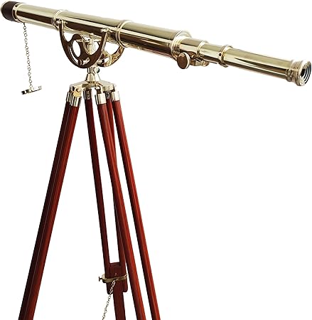 Shiny Brass Vintage Single Barrel Telescope Marine Brown Leather Sky Watcher with Adjustable Wooden Stand – Nautical Floor Standing Telescope