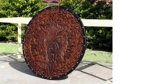 Viking Wooden Shield – Medieval Norse Wolf Design Wearable Costume Armor 22"