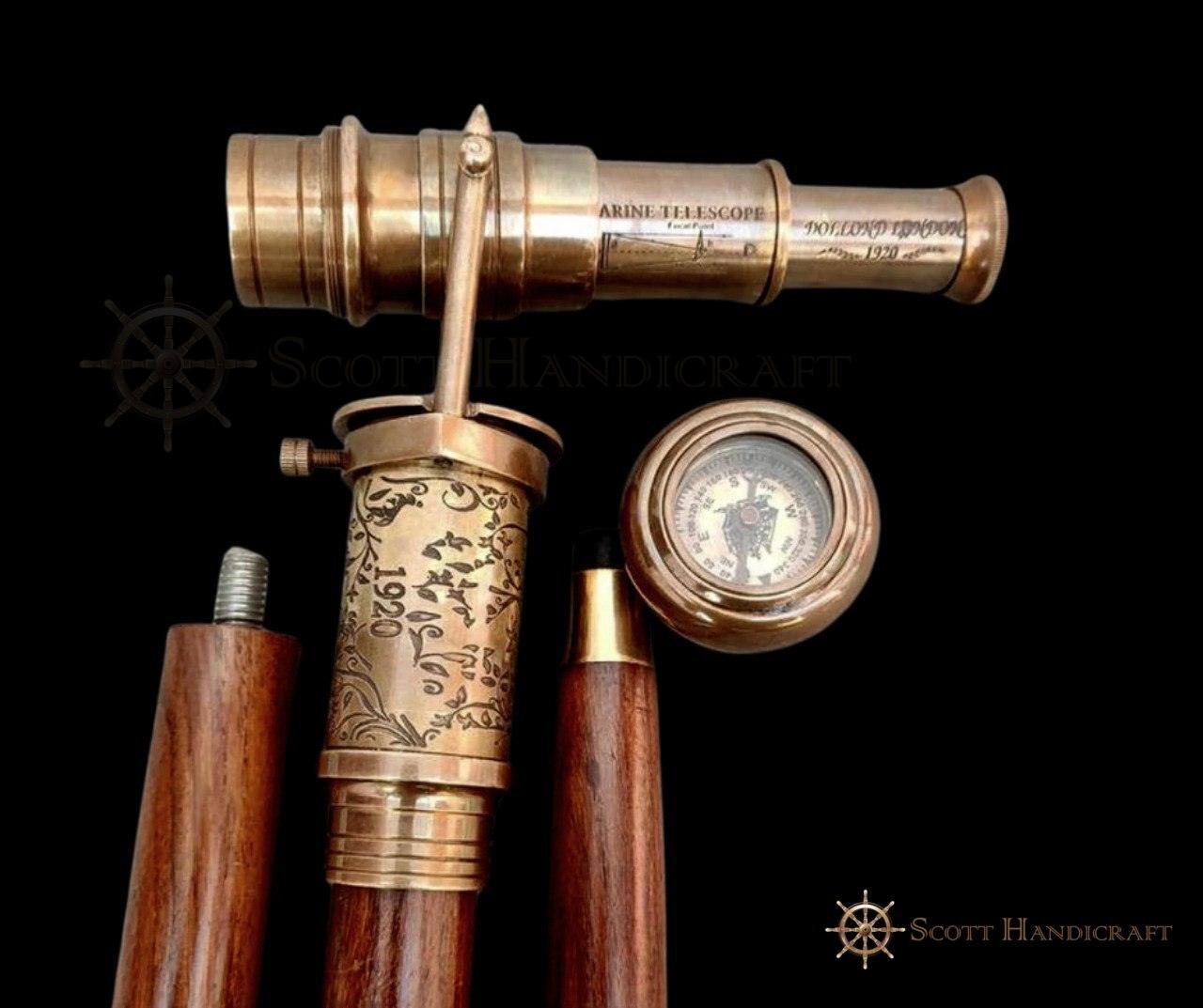 Brass Telescope & Compass Handle walking cane - collectiblegiftitems