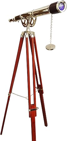 Shiny Brass Vintage Single Barrel Telescope Marine Brown Leather Sky Watcher with Adjustable Wooden Stand – Nautical Floor Standing Telescope