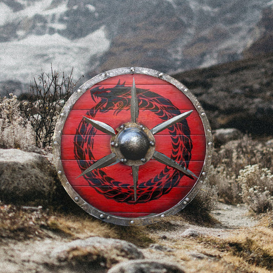 Escudo vikingo Jormungandr Plank con tirantes de acero, 24" rojo