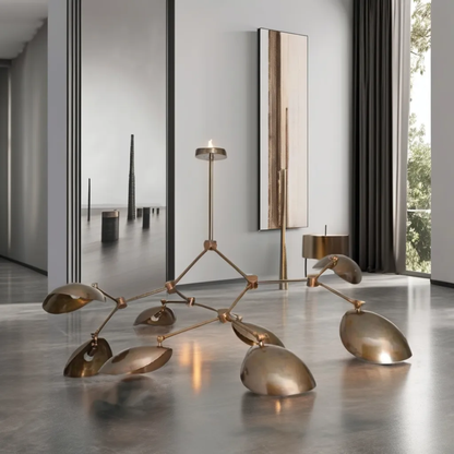 Massive Sculptural Brass Chandelier – 8 Oversized Adjustable Scoop Shades – Handcrafted Mid-Century Modern Statement Light