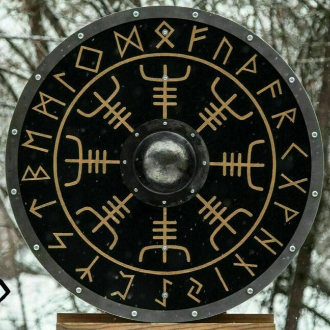 Glattes Wikingerschild aus Holz und Stahl mit dem Symbol des Helms der Ehrfurcht, 24"