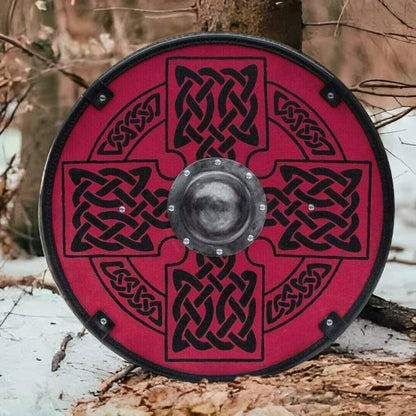 Glatter roter mittelalterlicher Schild mit keltischem Sonnenkreuz, 24" 