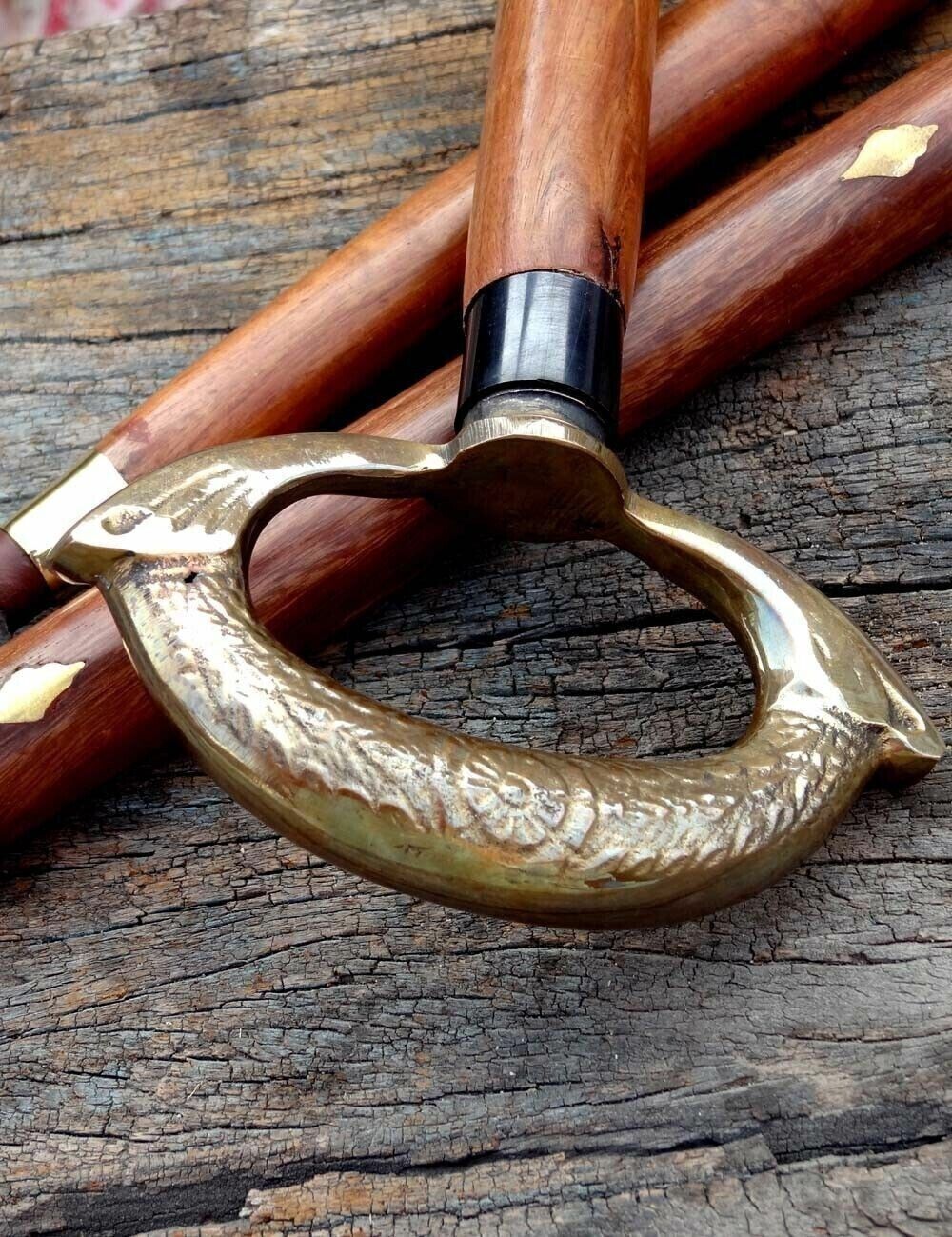 Bastón de madera marrón náutico con mango de cabeza con diseño de anillo de latón, mejor aspecto 