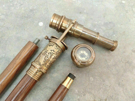 Viktorianisches Spionageteleskop &amp; antiker Kompass Messinggriff Holz Spazierstock Spazierstock 