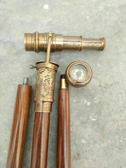 Viktorianisches Spionageteleskop &amp; antiker Kompass Messinggriff Holz Spazierstock Spazierstock 