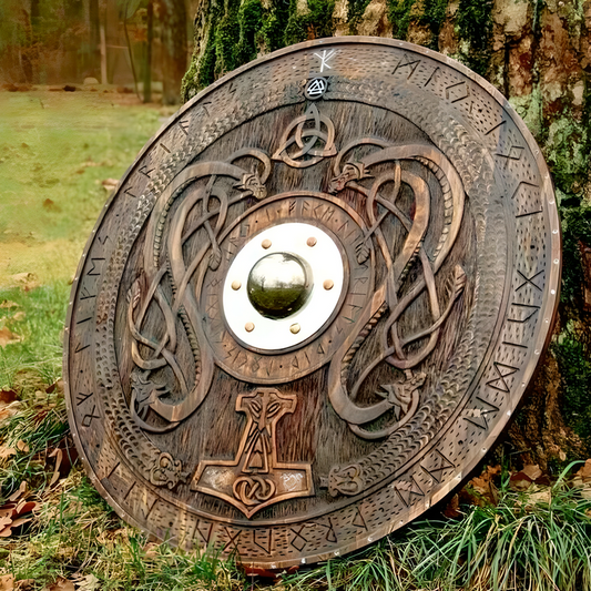 Handgeschnitztes nordisches Jörmungandr-Ornament, Wikingerschild, groß, 91,4 cm