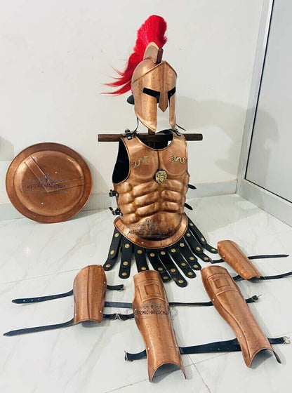 Conjunto de armadura Spartan 300: casco, chaqueta muscular, protectores de piernas y brazos, disfraz de escudo