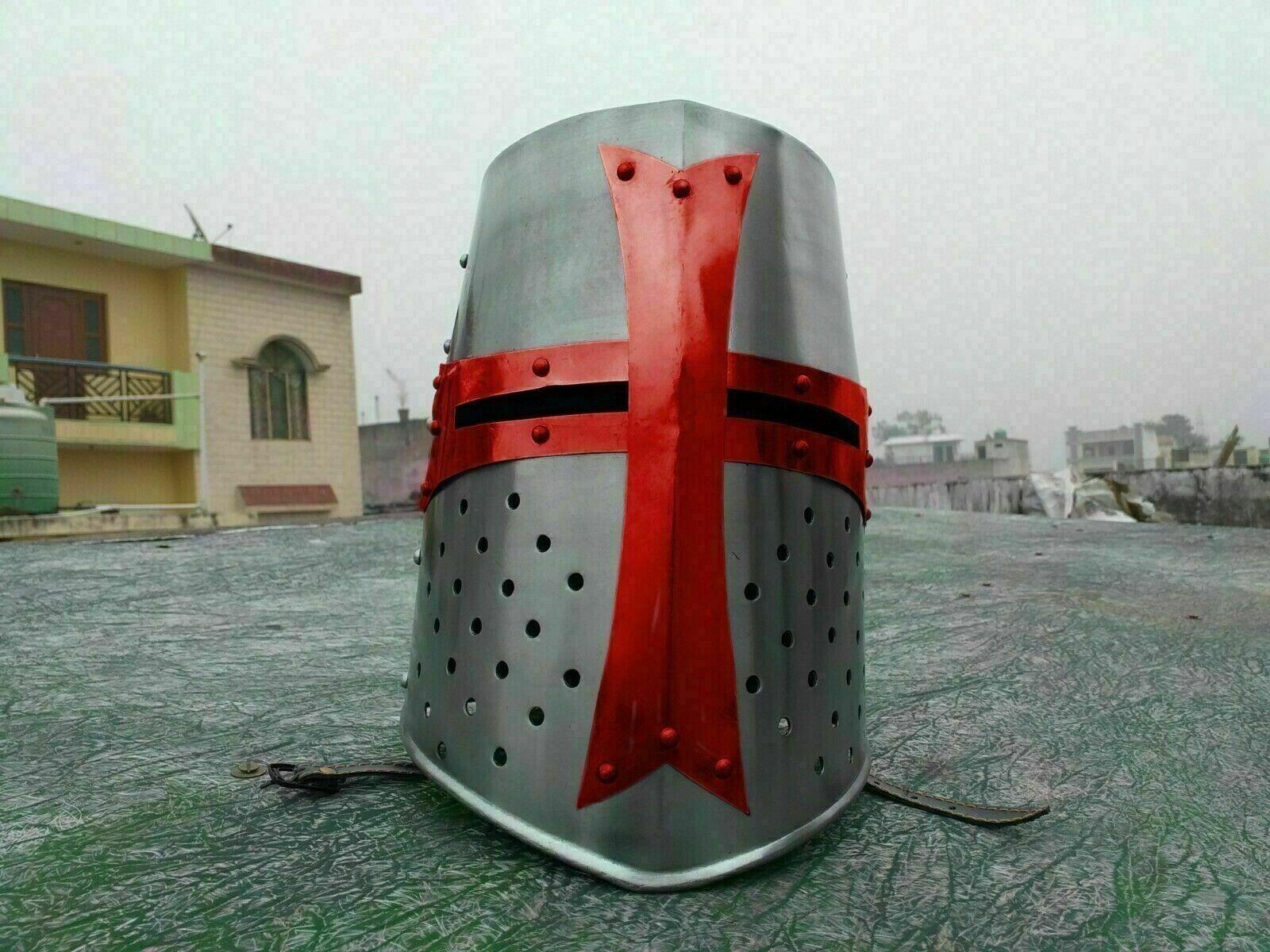 Medieval Brass Templar Crusader Helmet SCA LARP Great Helmet Knight Halloween - collectiblegiftitems