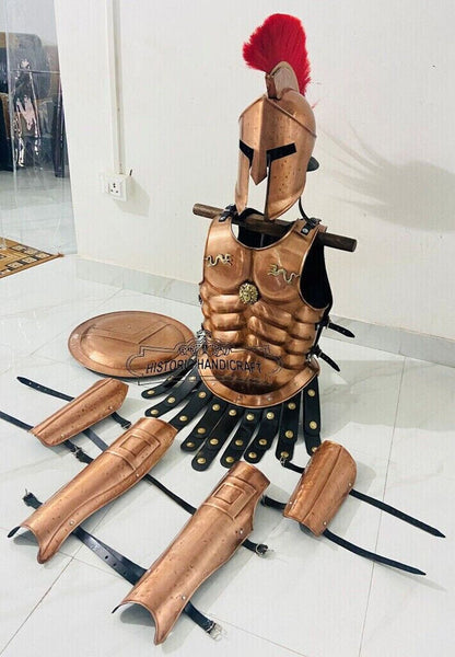 Spartan 300 Rüstungs-Outfit-Set: Helm, Muskeljacke, Bein- und Armschützer, Schildkostüm