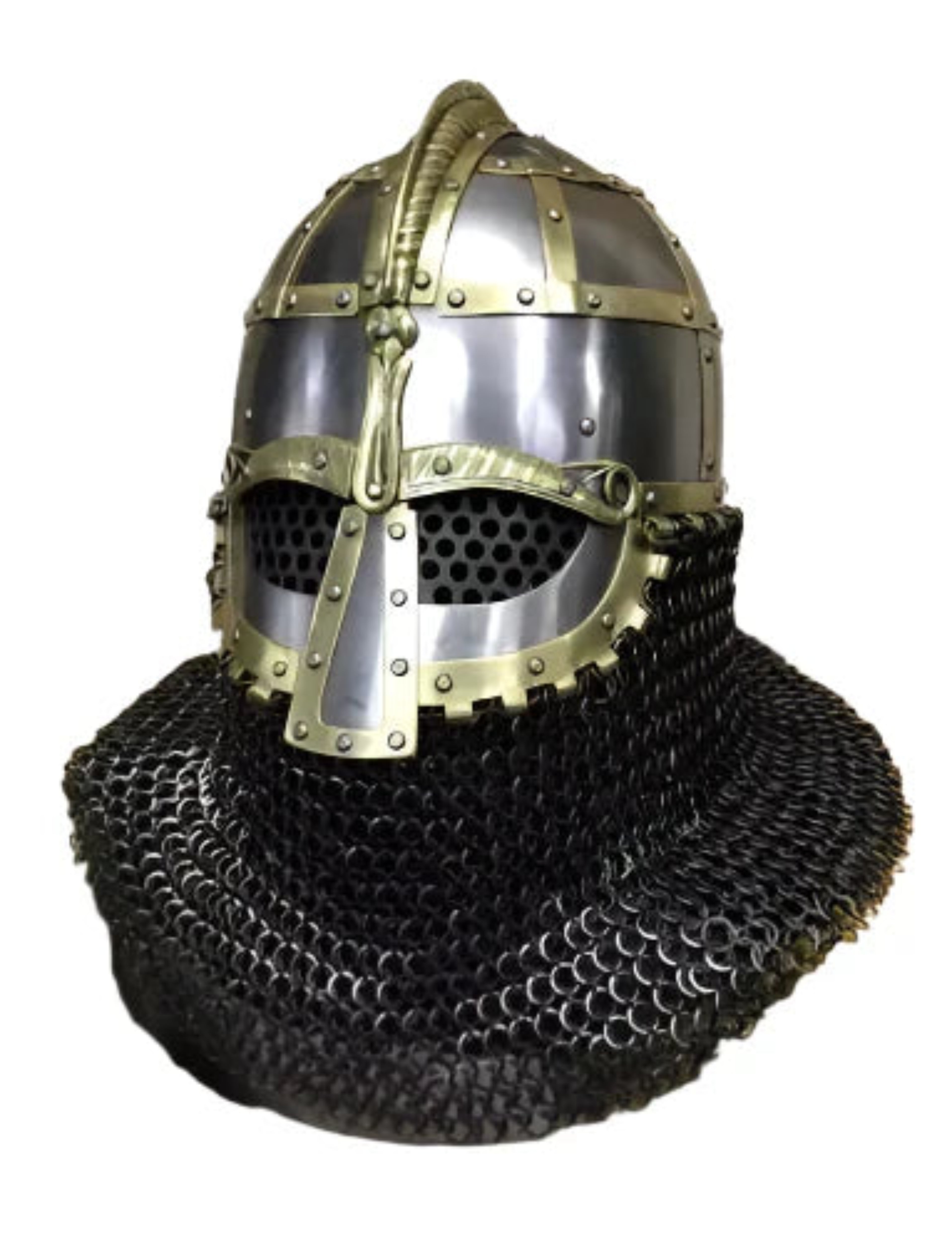 Medieval chainmail helmet with a metallic visor on a white background