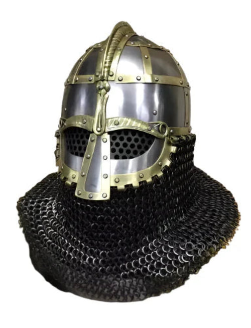 Medieval chainmail helmet with a metallic visor on a white background