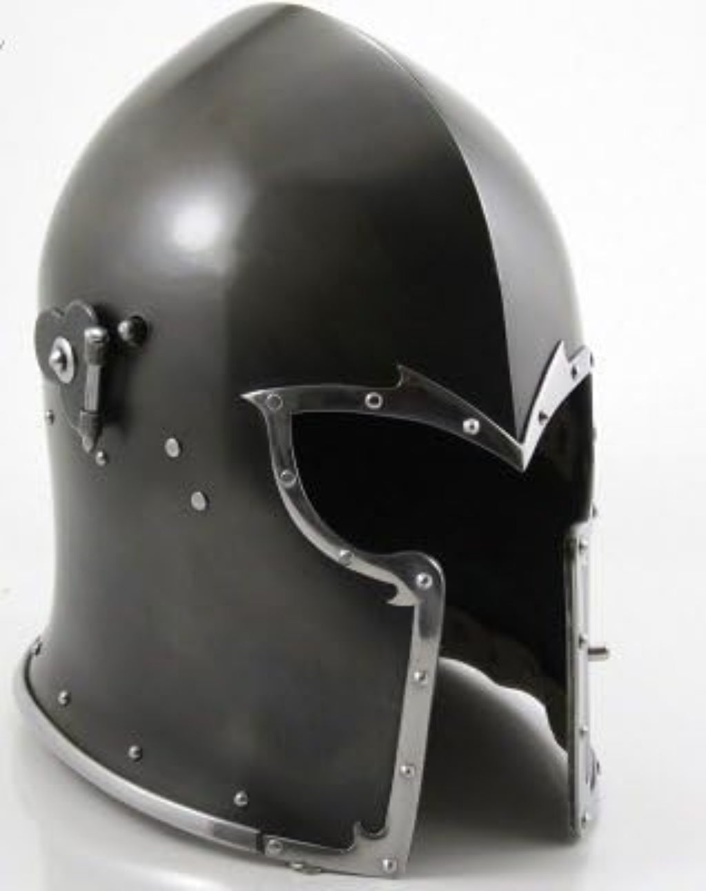 Black medieval helmet with metal accents on a white background