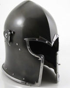 Black medieval helmet with metal accents on a white background