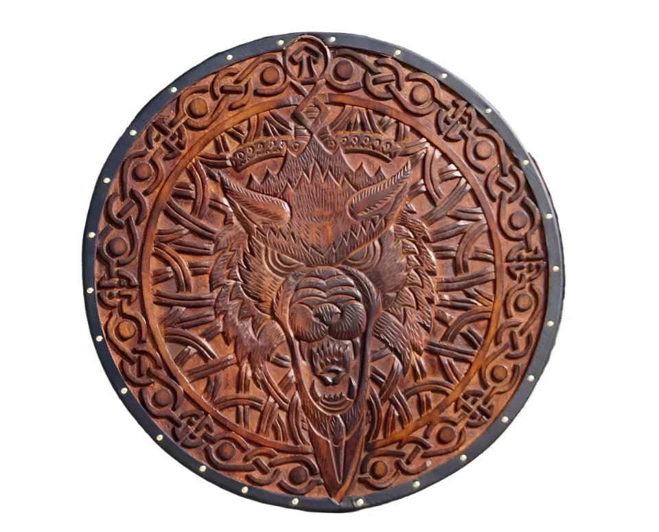 Viking Wooden Shield – Medieval Norse Wolf Design Wearable Costume Armor 22"