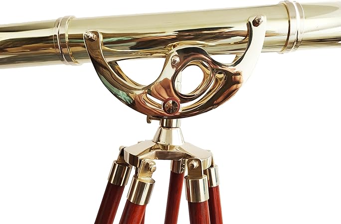 Shiny Brass Vintage Single Barrel Telescope Marine Brown Leather Sky Watcher with Adjustable Wooden Stand – Nautical Floor Standing Telescope