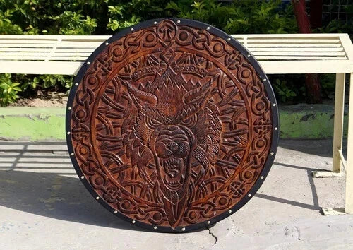 Viking Wooden Shield – Medieval Norse Wolf Design Wearable Costume Armor 22"